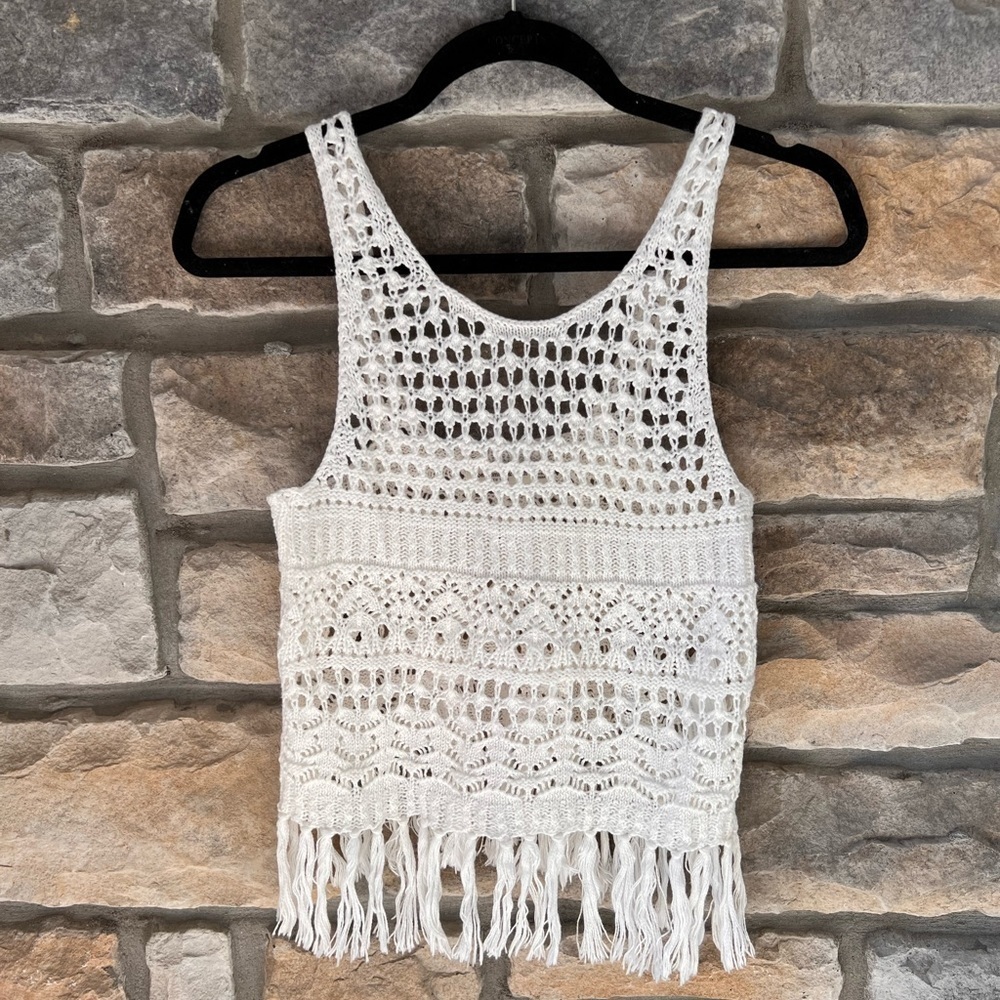 Abercrombie & Fitch White Crochet Fringe Tank Top